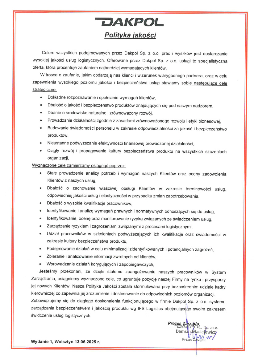 Dakpol polityka jakosci